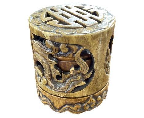 Soap stone trinket box and cover finely carved with a dragon, the top with Zhou symbol for double happiness, the interior wit