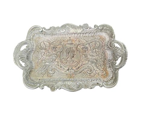 Metal tray commemorating Queen Victoria's Diamond Jubilee, the reverse stamped Rippingille Albion Lamp Company, 31cm long