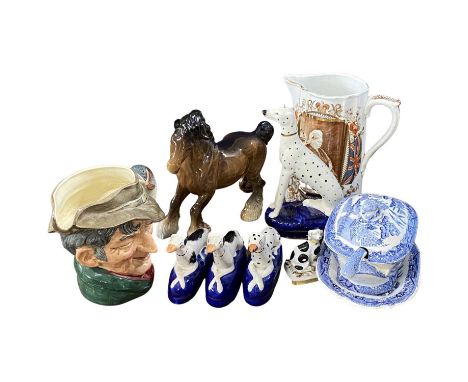 Group of ceramic items including a Beswick horse, Staffordshire blue terrine cover and stand with matching ladel, group of pe