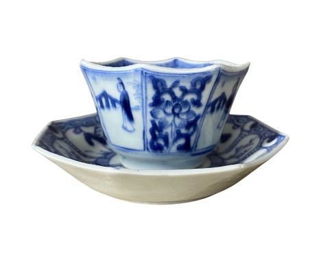 A Chinese porcelain teabowl and saucer Qing dynasty possibly Kangxi with blue and white decoration