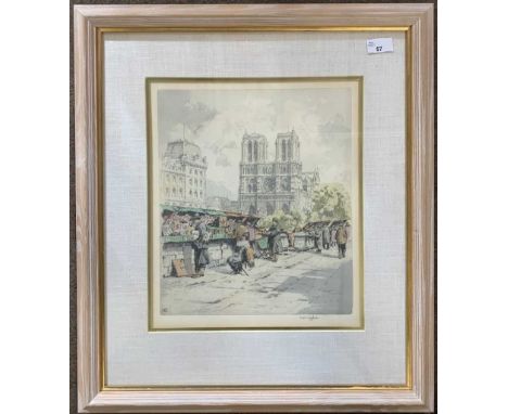 Hans Figura (Austrian, 20th century), artist's market scene, coloured etching, signed in pencil, 11.5x13.5ins, framed and gla