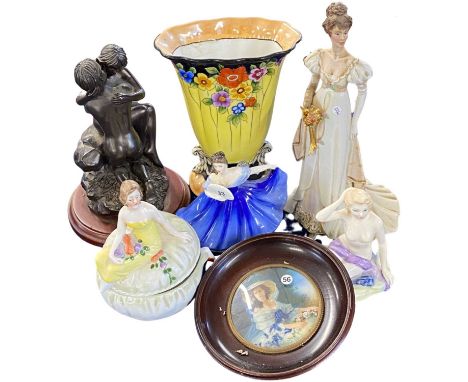 Quantity of ceramic sculptures, Doulton figures, an Art Deco vase, a miniature painting of a young lady etc