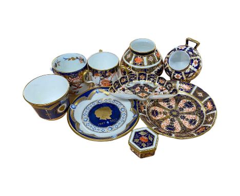 Group of Royal Crown Derby wares including a small model of a coal scuttle, a small vase, miniature tyg cup and saucer, cup a