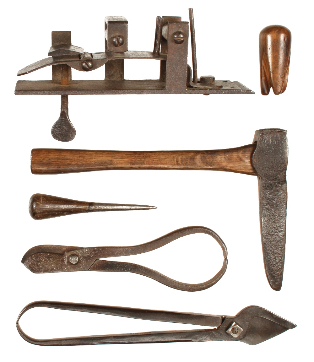 Six 17/18c basket makers tools a willow splitting m/c for width and