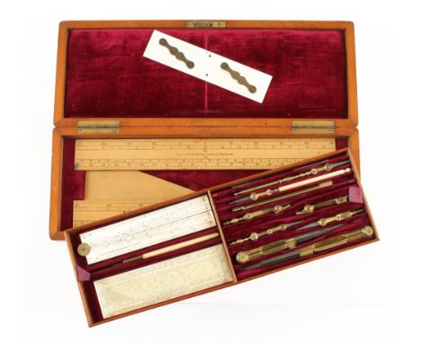 A brass drawing set by COX & COOMBES Davenport & Plymouth incl. 6" ivory sector, scale rule and parallel rule and a boxwood M