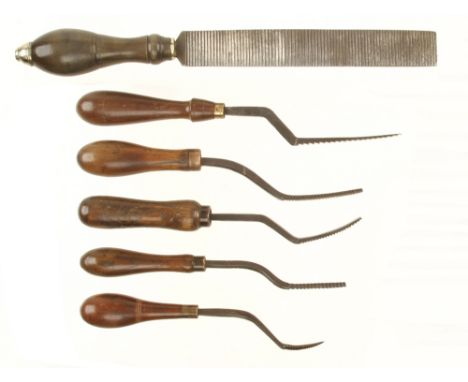 Six rare comb makers tools, a horn handled graille or float and 5 other floats G