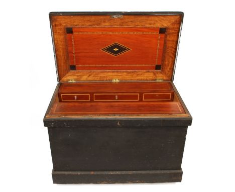 A cabinetmaker's lockable pine chest measuring 39" x 24" x 25"h. with 3 sliding banks of 7 drawers with leather pulls over sa