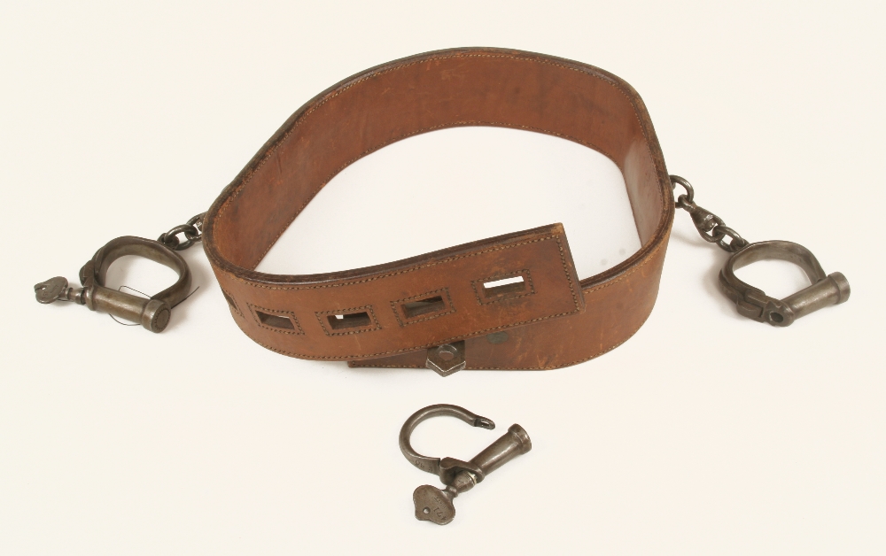 A 19c Lars Holst Prisoner Restraint A Thick Leather Belt With Handcuffs Attached To The Sides T