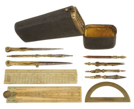 A 19c shagreen cased drawing set unusually with brass internal fittings incl. ivory sector by GILBERT & Co London and scale r