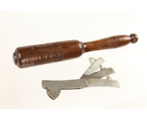 A 3 blade silvered brass cased fleam by C.F.YORK Grantham and a weighted boxwood blood stick  G