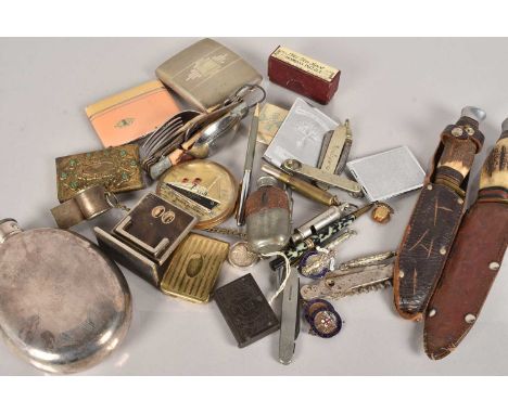 An assortment of various item, to a campaign multi-tool, two antler handled hunting knives, Hip Flasks, Compacts, Desk Calend