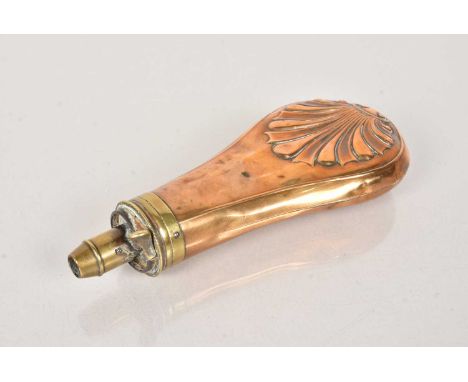 A vintage brass Hawksley powder/shot flask, named to the funnel, mixed condition