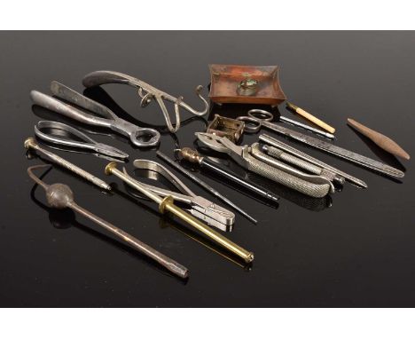 An assortment of vintage Dental Tools, a mouth gag, a pair of Scissors by Ash, Pliers and more (parcel)