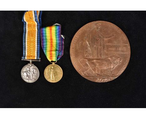 Durham Light Infantry, WWI Casualty Pair and Memorial Plaque awarded to 23/410 Private Harry Elliott, attached to the 18th In