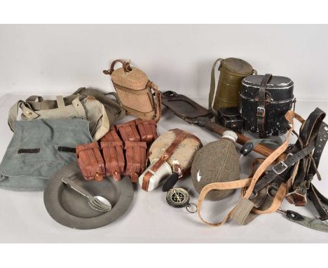 An assortment of War Period items, to include webbing, water bottles, campaign fork and spoon set, satchels, ammunition pouch