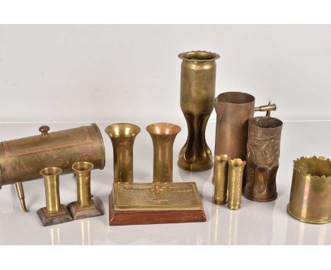 A selection of trench art items, to include a caddy marked Macedonia 1917-1918, a water jug, three pair of small vases, and m