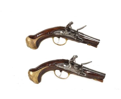 A pair of John Hosey Flintlock pistols, circa 1820s, having 10cm long, 12.4mm smooth bore barrels, makers named to the barrel