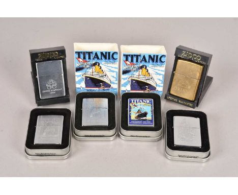 Nautical, a collection of Nautical related Zippo Lighters, to include three for the Titanic, one in colour, the other in brus