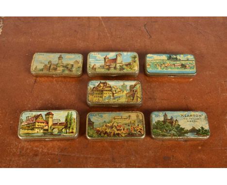 Gramophone Needle Tins, seven German rectangular tins, all with architectural views, mostly Noris (7)