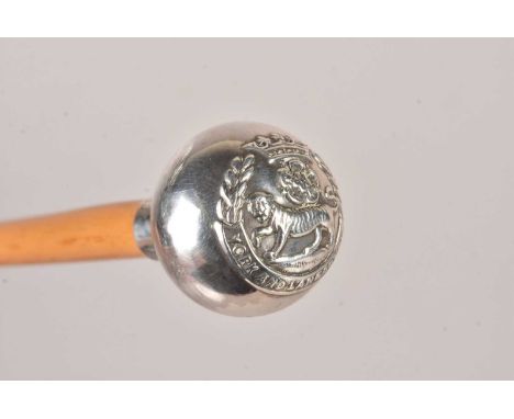 A silver topped York and Lancashire Regiment Swagger Stick, hallmarked Birmingham 1963 by F Narborough, having bulbous top wi