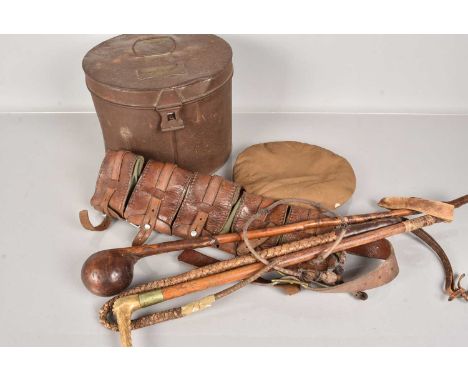 A military hat box, for Royal Dublin Fusiliers, a knobkerrie, a brown leather ammunition belt, riding whip, a 1942 whistle an