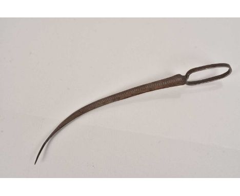 An Indian/Persian Foot Dagger, with 30cm+ long curved blade, with loop grip/guard, , no postage for this lot, we can supply p