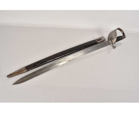 A British Style 1859 Naval Cutlass Bayonet, stamped BM to the blade, with large hand guard, complete with steel and leather s