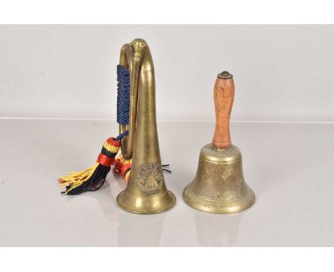A WWII ARP Hand Bell, dated 39, marked JB, together with a Liverpool Scottish Bugle (2)