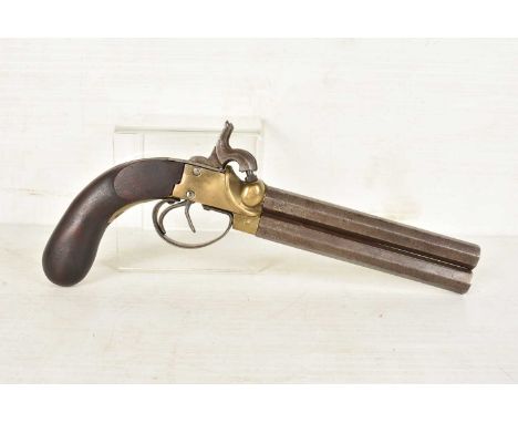 A 19th Century Belgian 'ELG' Double Barrelled Percussion Cap pistol, having brass body with two 5 3/4'' octagonal barrels, So