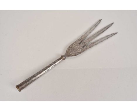 An Indo-Persian Trident Spear Head, having engraved decoration, 55cm long, no postage for this lot, we can supply pack only a