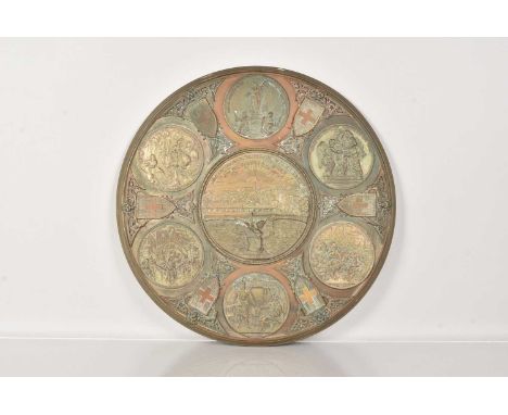 A German Shield from the Heidelberg Military College, the circular shield, having applied circular pictorial panels and shiel