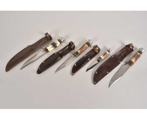 A group of four hunting knives, all antler styles grips/handles, various makers, including two by William Rodgers, and two by