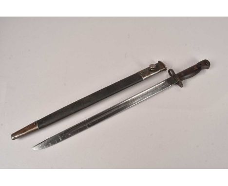 A 1907 Pattern GRI/RFI SMLE bayonet and scabbard, dated 40, with wooden grip and 42cm long blade, no postage for this lot, we