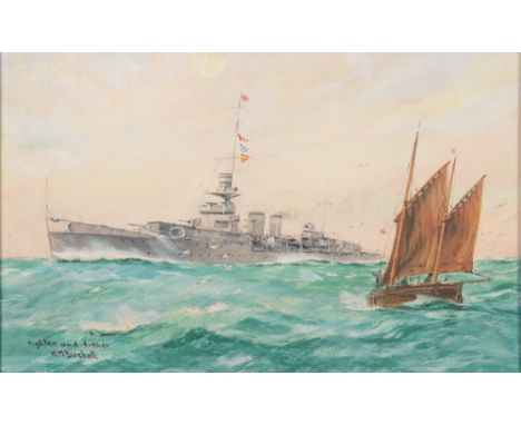 William Minchall Birchall [1884-1941]-
Fighter and Fisher, H.M.S Delhi:-
Danae Class Light Cruiser 1918-1948
watercolour heig