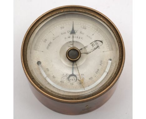 A  3 inch brass cased presentation aneroid barometer/thermometer by CW Dixey, London:, signed to dial as per title with Londo