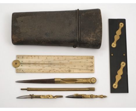 A 19th century part geometry set in fish skin case:, including an ivory folding rule by T Blunt, Cornhill, also a brass mount