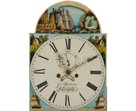 An early 19th century nautical themed longcase clock by Jonathan Benham, Cullompton:, the arched painted dial signed as per t