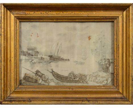 A 19th century silk and child's hairwork seascape of shipping in a harbour:, with fisherman in the foreground and harbour wal