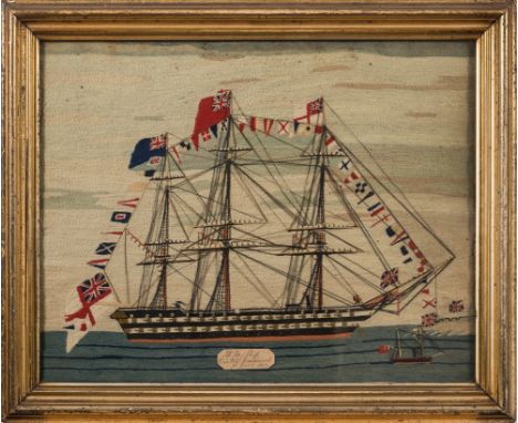 A 19th century woolwork portrait of the Agamemnon-class 91 gun ship HMS Victor Emmanuel:, standing and running rigged with fl