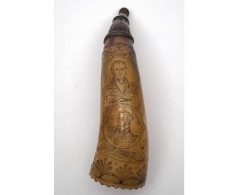 A 19th century scrimshaw decorated powder horn commemorating the Battle of the Lakes:, having two circular portraits entitled