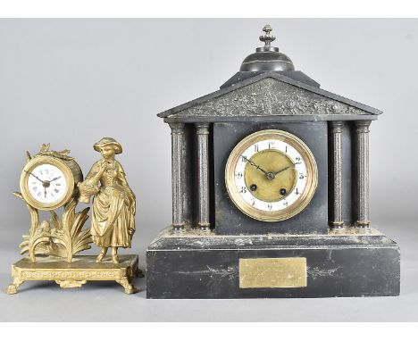 An Edwardian slate mantel clock, of architectural design with presentation plaque, West Yorkshire Regiment, dated 1909, 35 cm