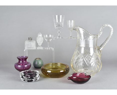 A large cut glass jug, af, together with a quantity of other coloured and clear glassware including a Lisgeard night light, a