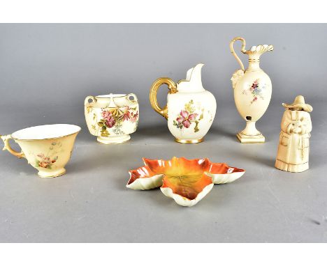 A collection of Royal Worcester blush ivory, including a ewer, jug, squat vase, a broken candles snuffer, a Graingers cup and