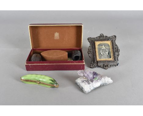 A Limoges porcelain miniature novelty snuff, modelled as a pea pod with peas, an ambrotype photograph of young girl in vulcan