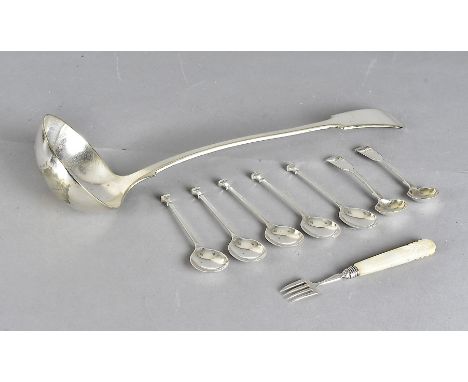 A George III silver and mother of pearl pickle fork, by George Unite, a pair of Victorian salt spoons Exeter 1875 by Josiah W