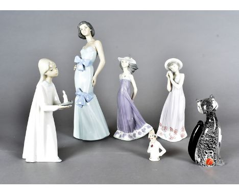 A Lladro figure group, young girl with chamber stick, two other Lladro figures of girls with flowers, a Nao figure of an eleg