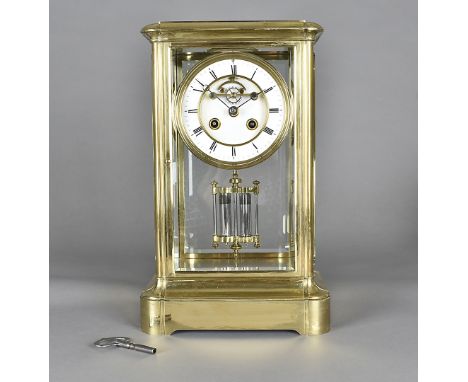 A 19th Century four glass mercury drop pendant mantel clock, with drum movement, white enamel chapter ring, roman numerals, s