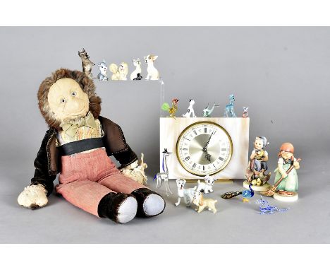 A collection of Wade whimsies, Hummel figures and miniature murano glass figurines together with a miniature handmade windsor