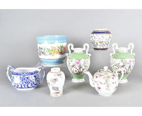 A Samson armorial famille rose tea caddy, of baluster form, together with a Samson ginger jar, a pair of Volkstadt twin handl
