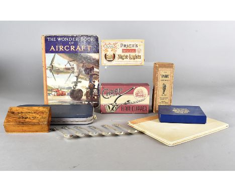 A collection of miscellaneous items, including a set of Elkington & Co eleven silver rifle club spoons, an olive wood box fro